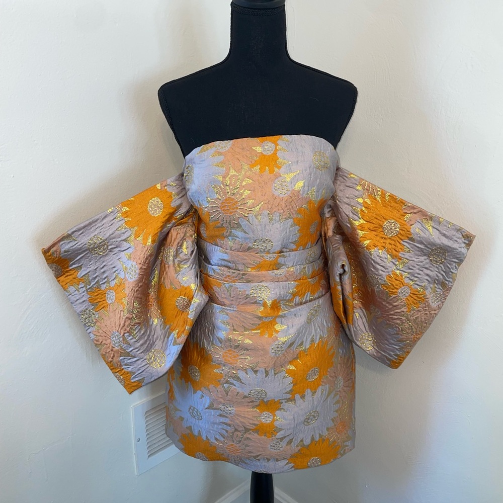 ASOS LUXE extreme sleeve Bardot mini dress in orange floral jacquard